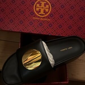 New Tory Burch Paros Platform Slide Sandal black gold10.5 leather inside out NWB